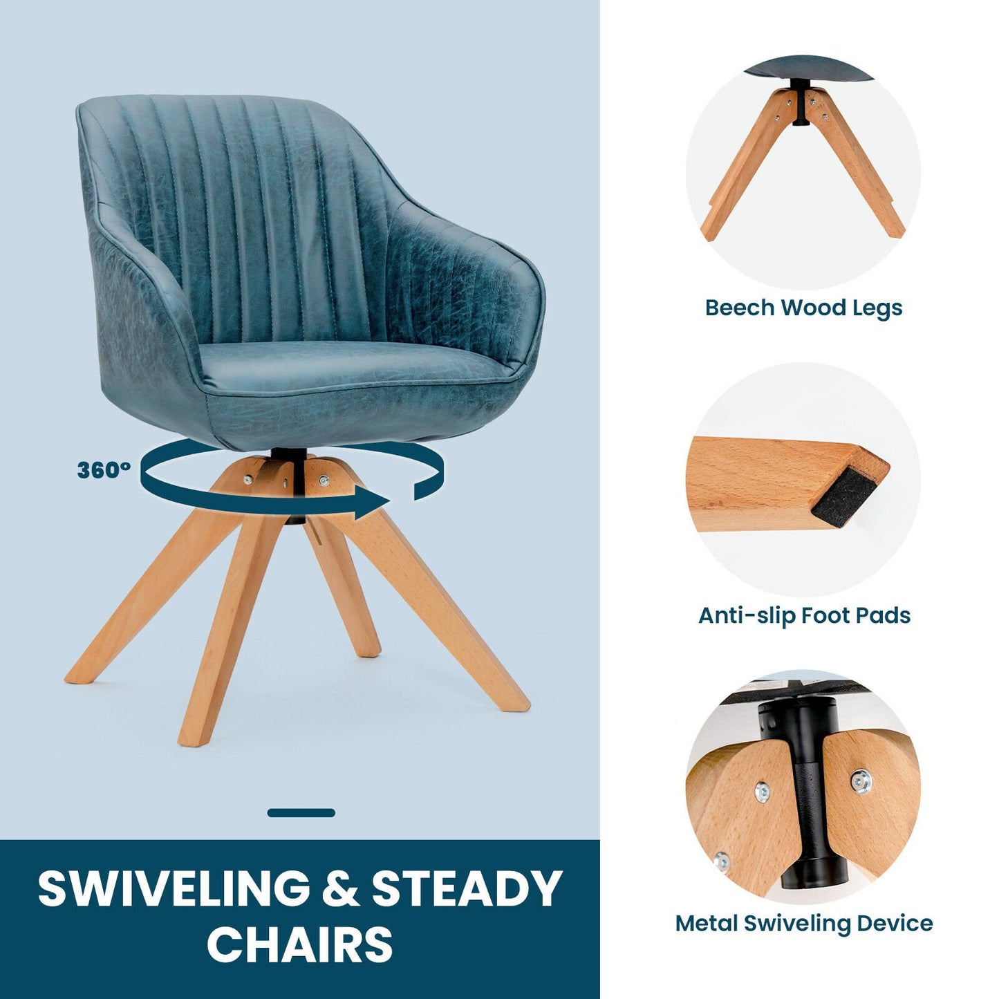 Swivel Accent Chairs Set of 2 with Leathaire Upholstery and Beech Legs, Blue