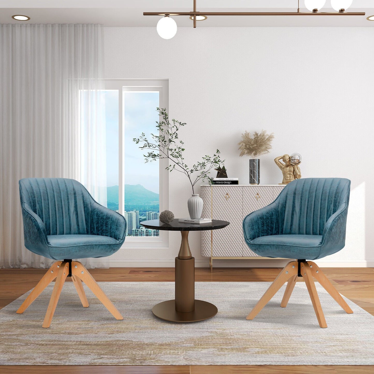 Swivel Accent Chairs Set of 2 with Leathaire Upholstery and Beech Legs, Blue