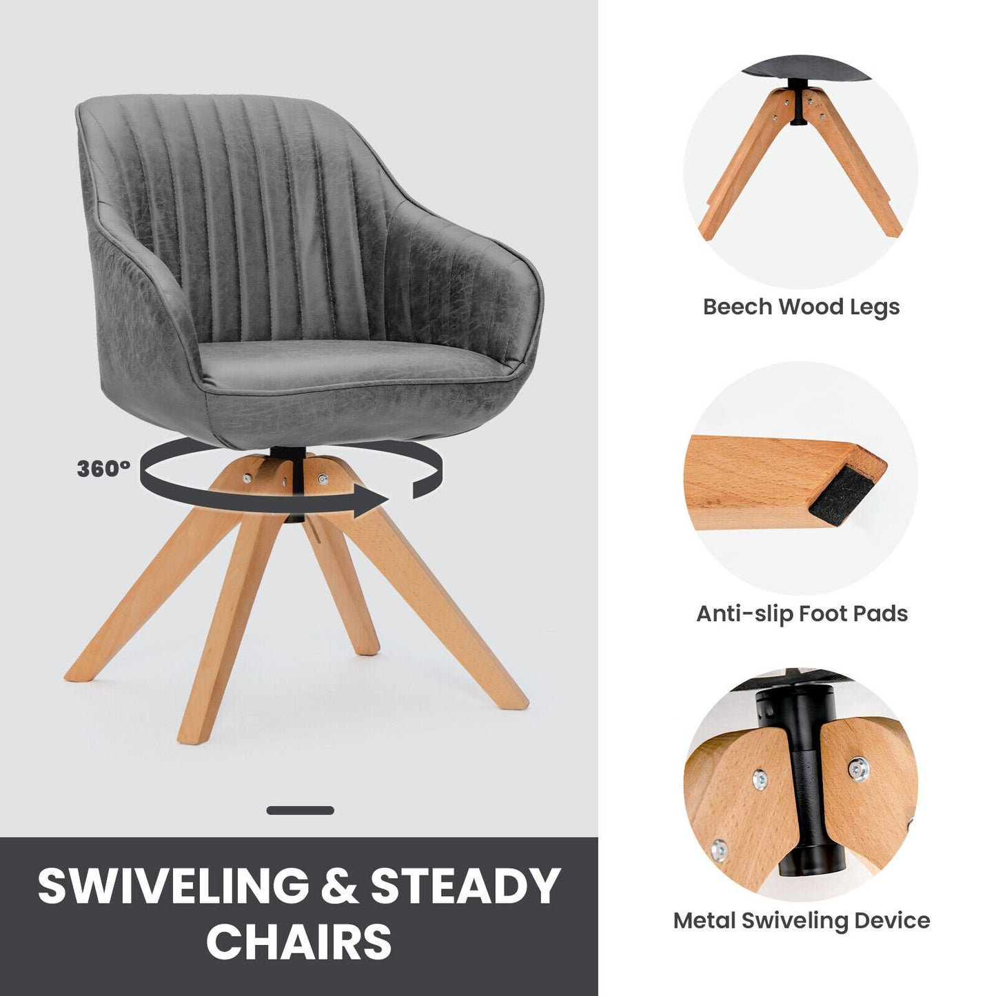 Swivel Accent Chairs Set of 2 with Leathaire Upholstery and Beech Legs, Grey