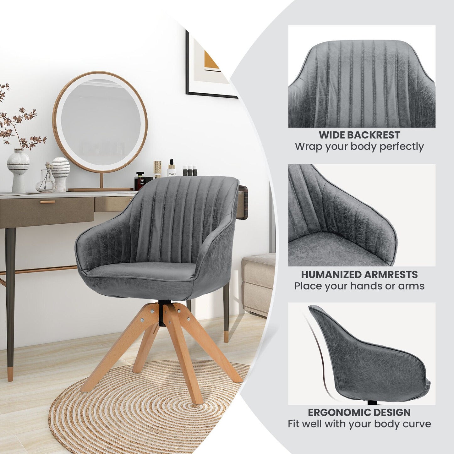 Swivel Accent Chairs Set of 2 with Leathaire Upholstery and Beech Legs, Grey