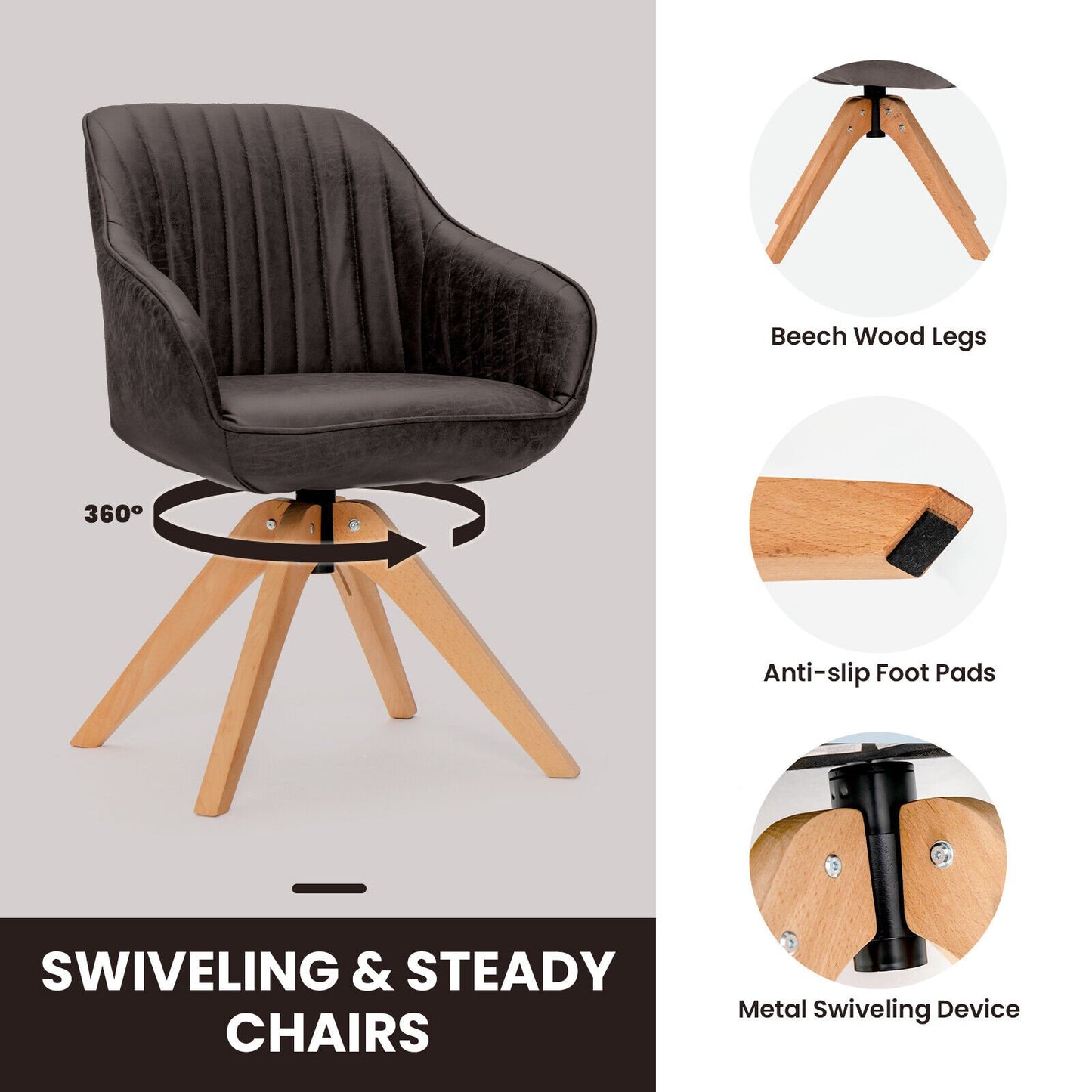 Swivel Accent Chairs Set of 2 with Leathaire Upholstery and Beech Legs, Brown