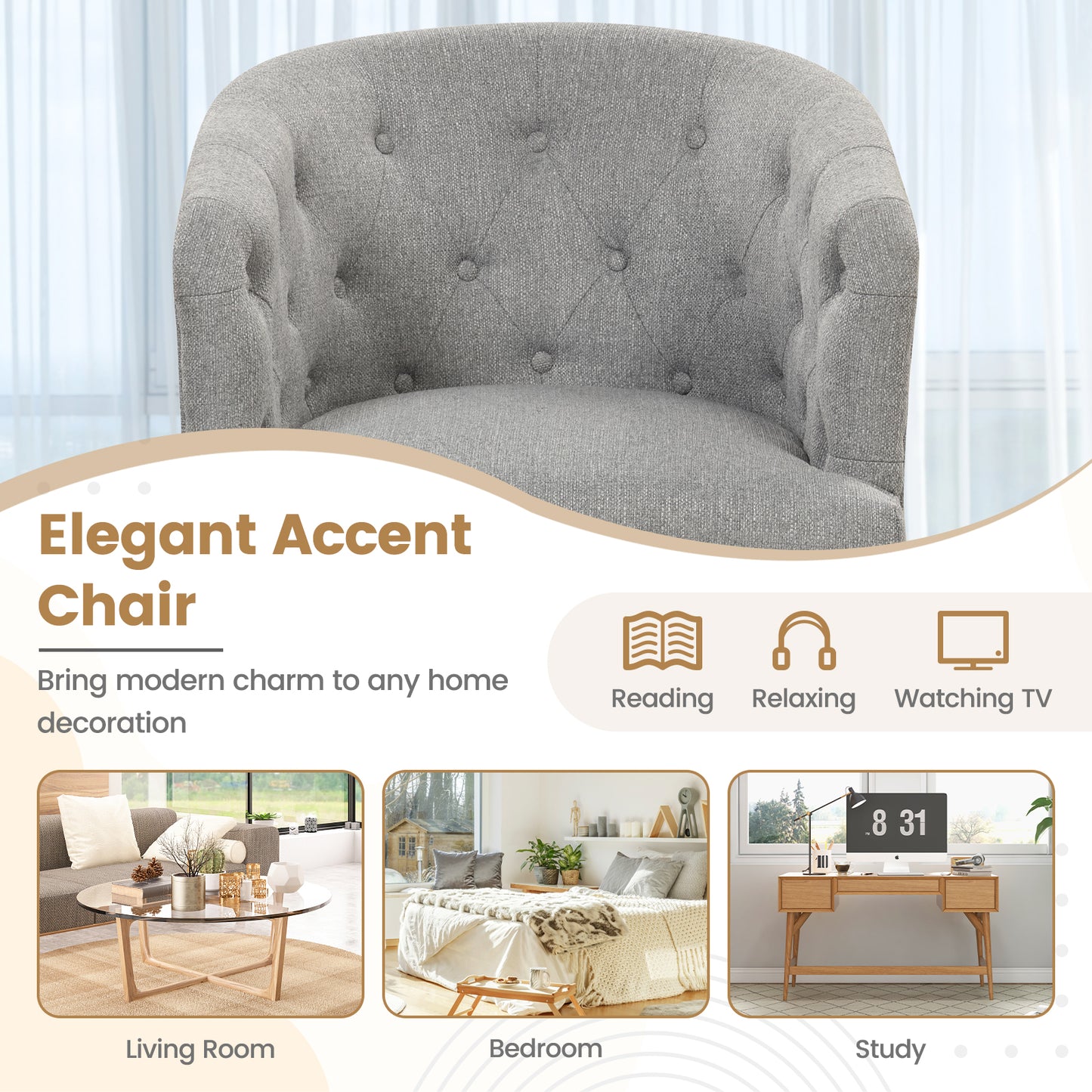 Elegant Upholstered Lounge Chair with Solid Wood Base and Curved Back