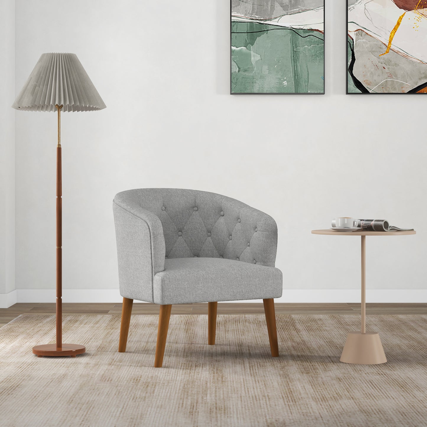 Elegant Upholstered Lounge Chair with Solid Wood Base and Curved Back