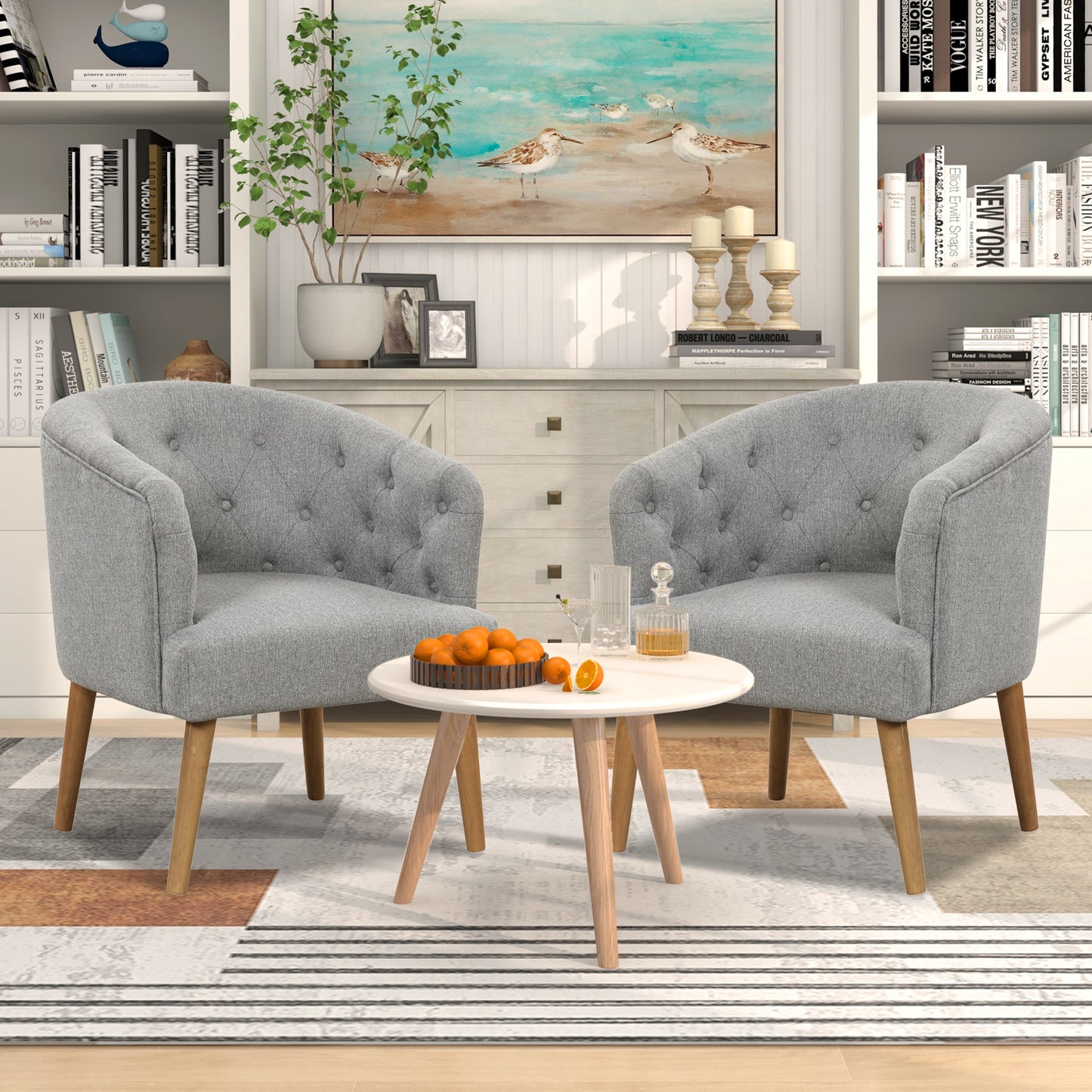 Elegant Upholstered Lounge Chair with Solid Wood Base and Curved Back