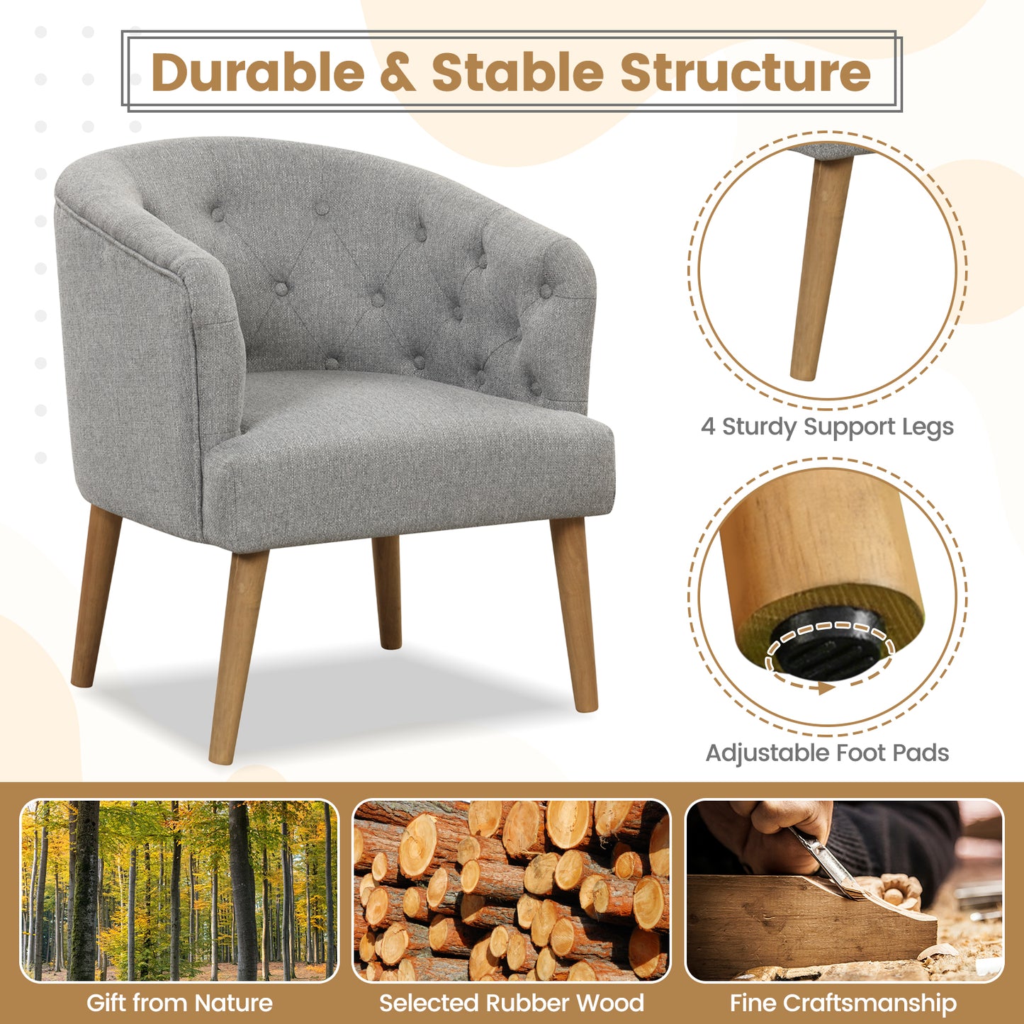 Elegant Upholstered Lounge Chair with Solid Wood Base and Curved Back