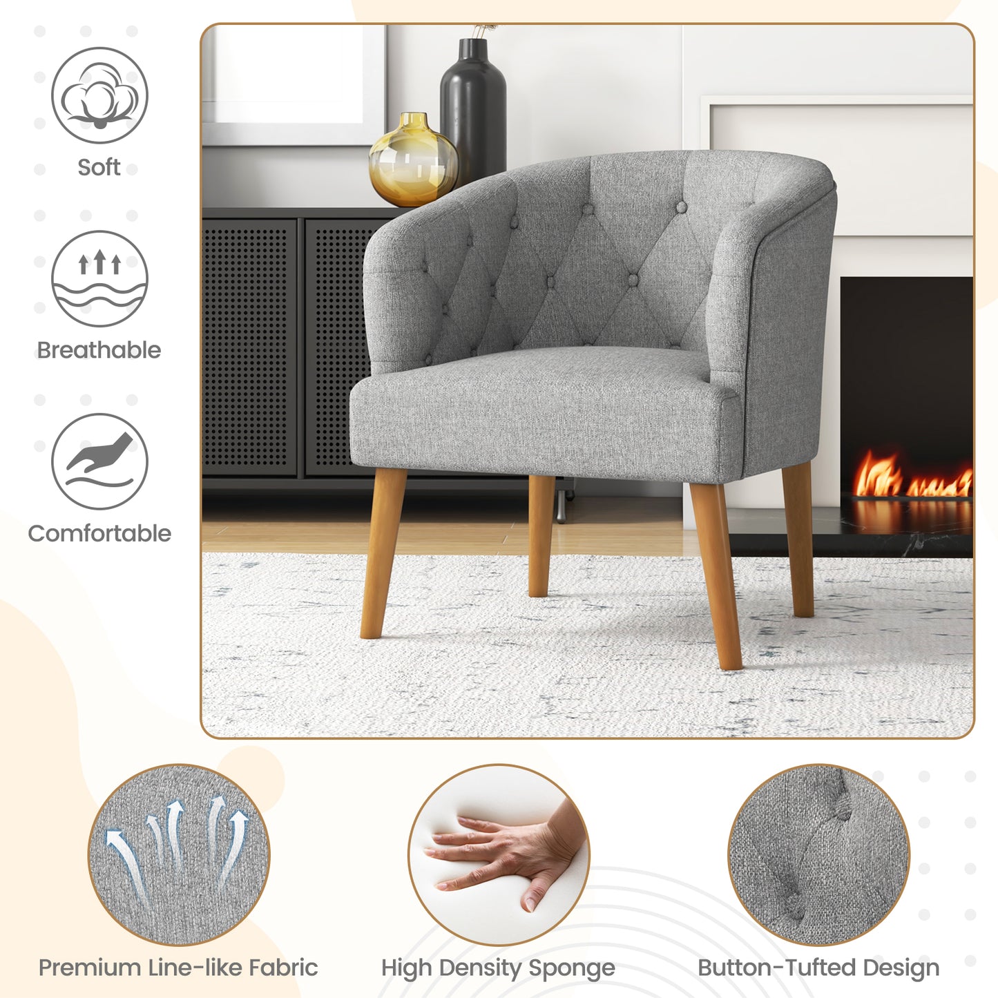 Elegant Upholstered Lounge Chair with Solid Wood Base and Curved Back