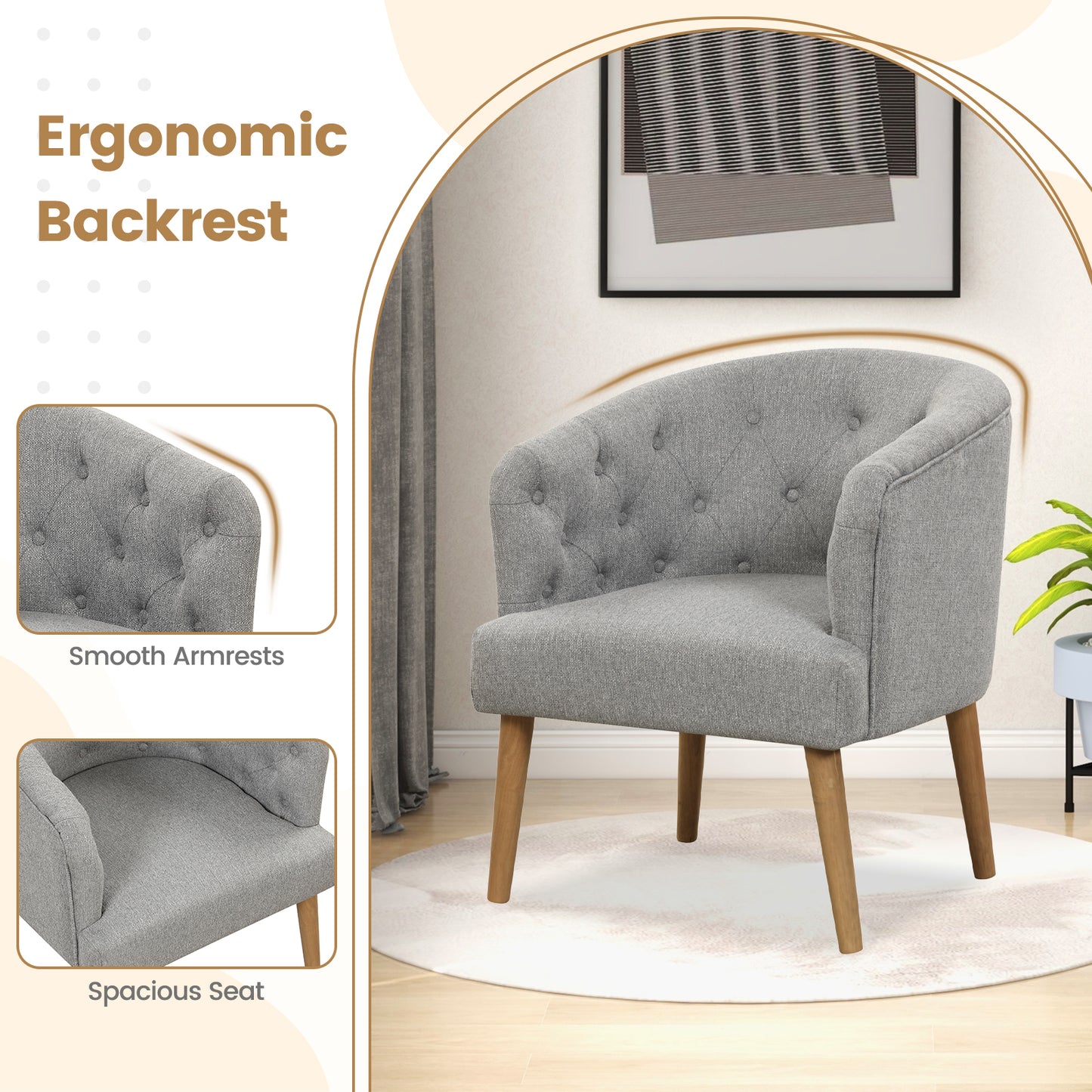 Elegant Upholstered Lounge Chair with Solid Wood Base and Curved Back