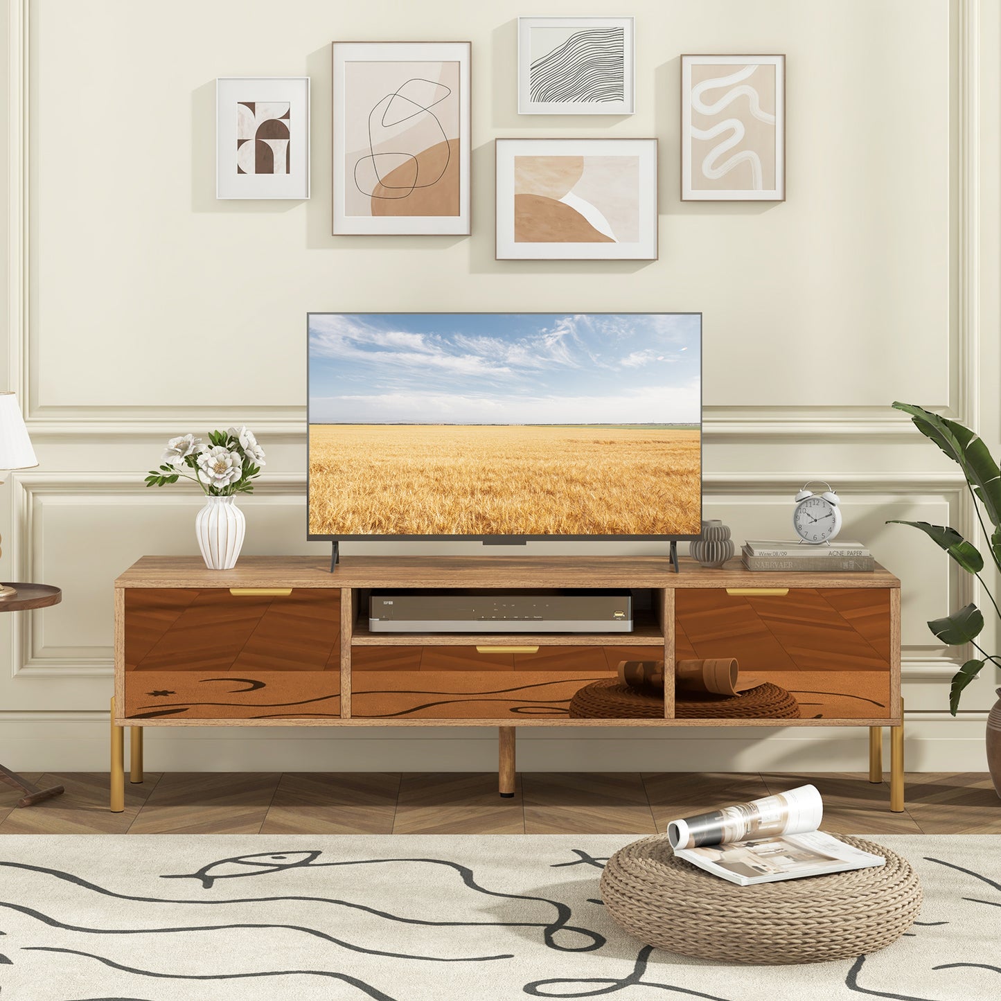 Decorative TV Stand with Mirror Fronts and Storage for 65 Inch Flat Screen TVs