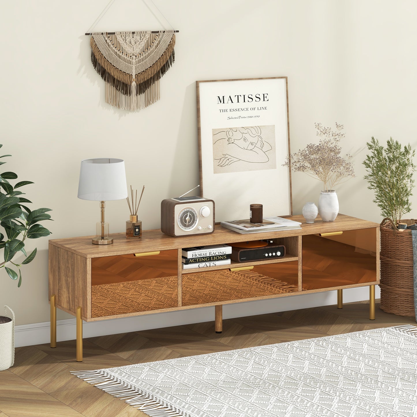 Decorative TV Stand with Mirror Fronts and Storage for 65 Inch Flat Screen TVs