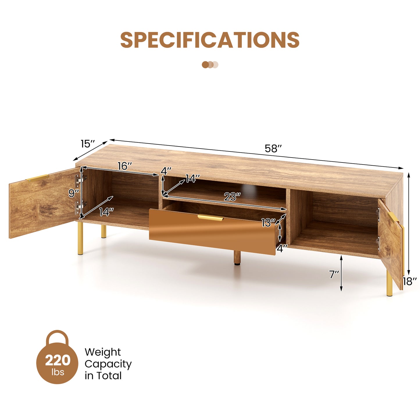 Decorative TV Stand with Mirror Fronts and Storage for 65 Inch Flat Screen TVs