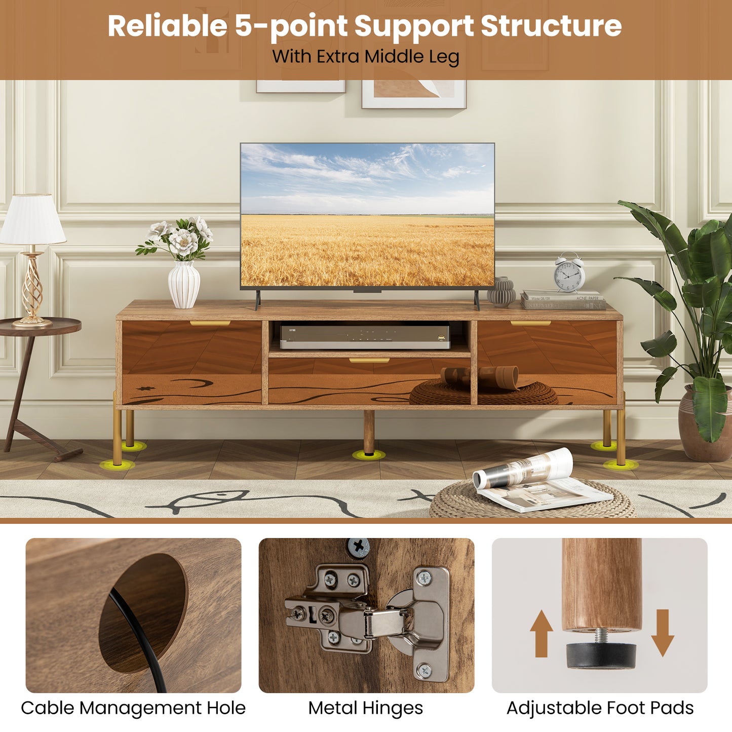 Decorative TV Stand with Mirror Fronts and Storage for 65 Inch Flat Screen TVs