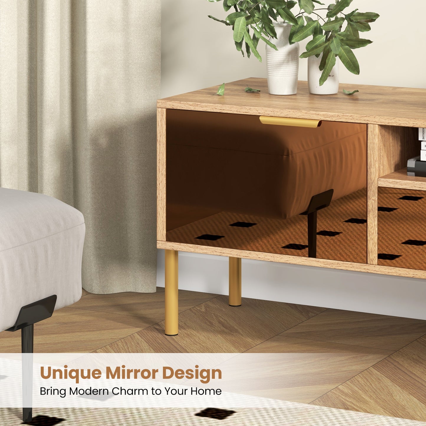Decorative TV Stand with Mirror Fronts and Storage for 65 Inch Flat Screen TVs