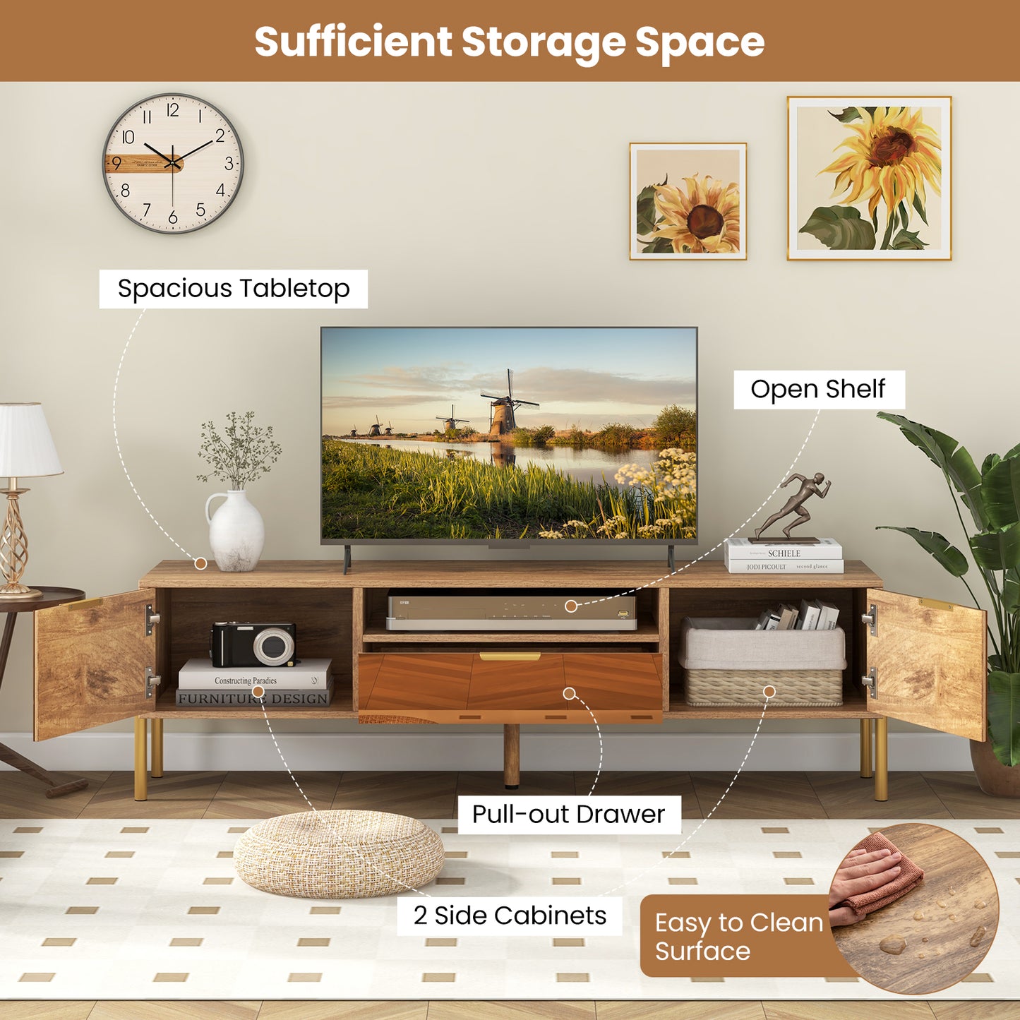 Decorative TV Stand with Mirror Fronts and Storage for 65 Inch Flat Screen TVs