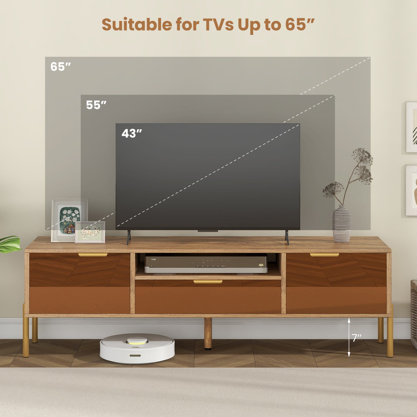 Decorative TV Stand with Mirror Fronts and Storage for 65 Inch Flat Screen TVs