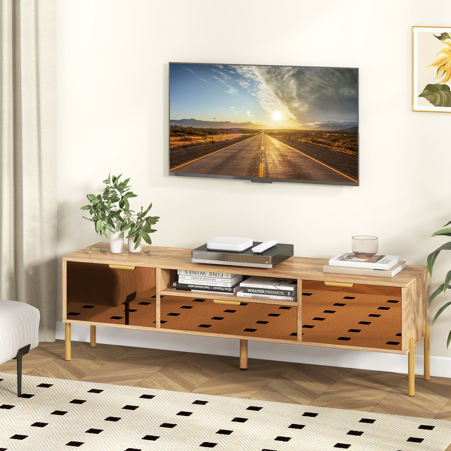 Decorative TV Stand with Mirror Fronts and Storage for 65 Inch Flat Screen TVs