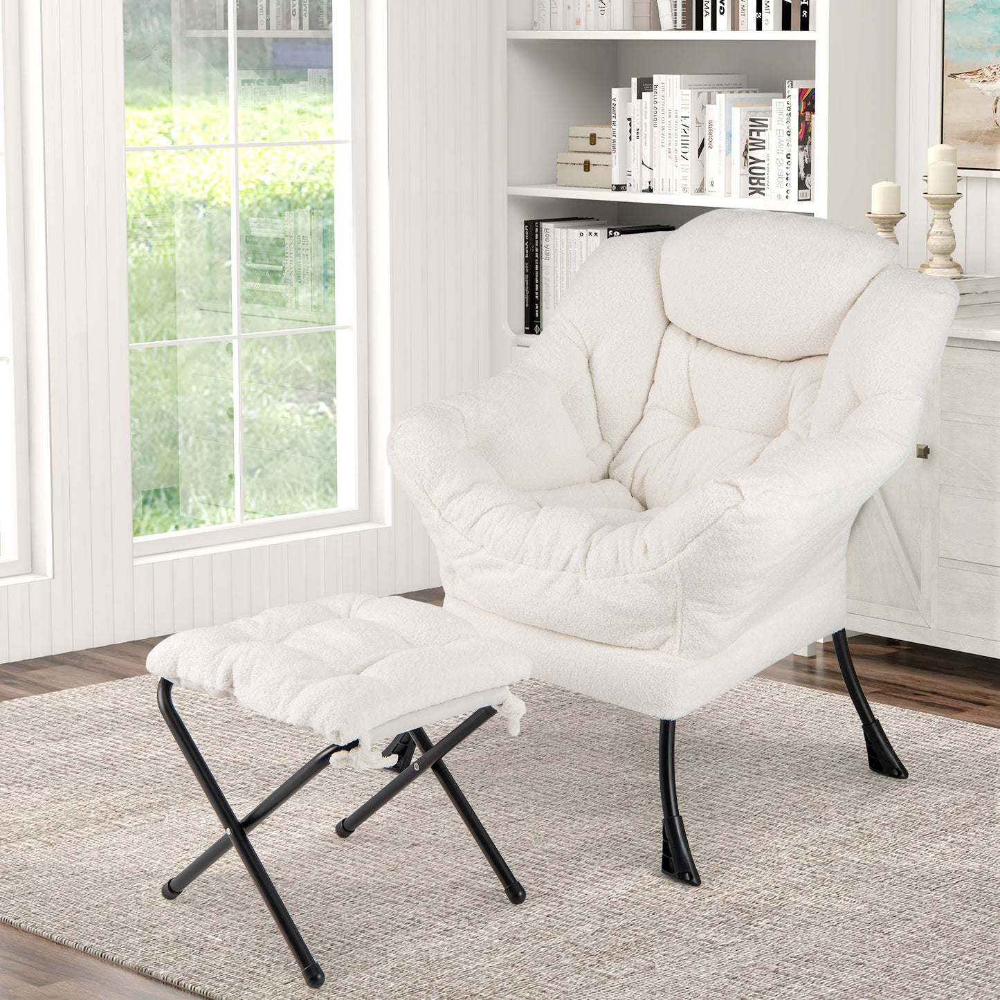 Sherpa Accent Chair with Ottoman, Head Pillow and Side Pocket, Beige