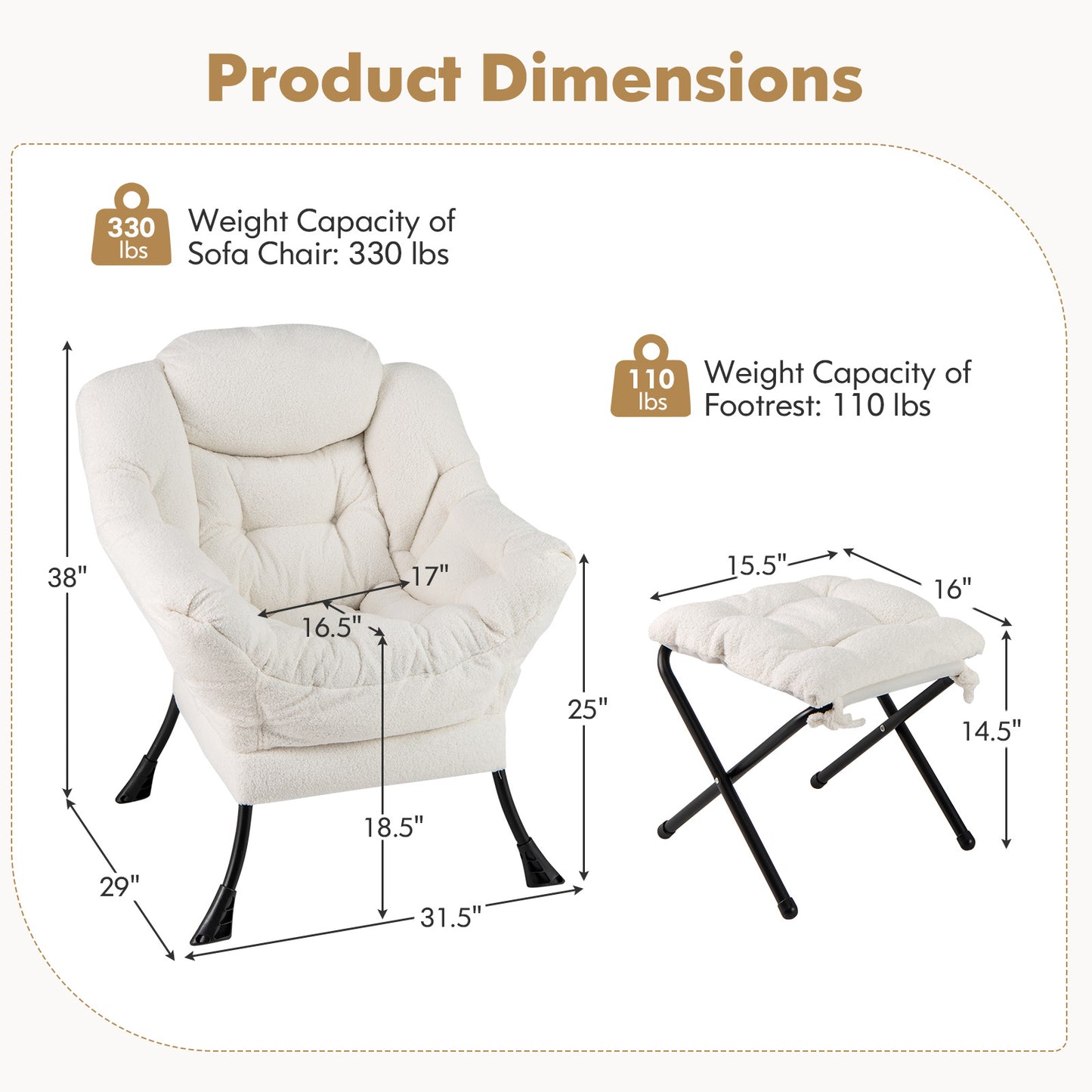 Sherpa Accent Chair with Ottoman, Head Pillow and Side Pocket, Beige