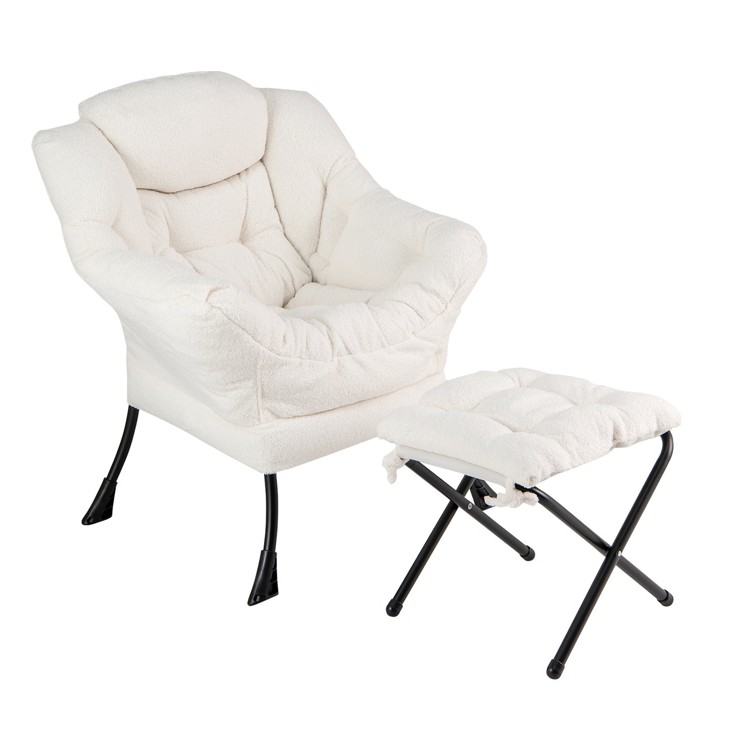 Sherpa Accent Chair with Ottoman, Head Pillow and Side Pocket, Beige