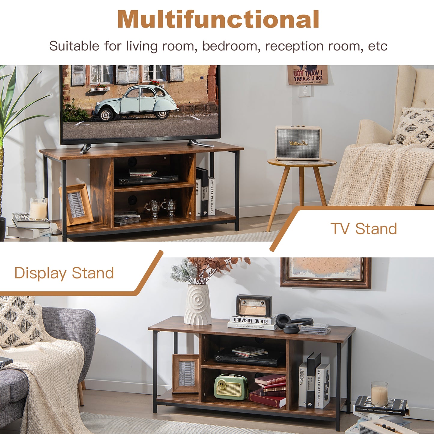 Retro Style TV Stand for TVs up to 50 Inch with Adjustable Shelf and Media Storage