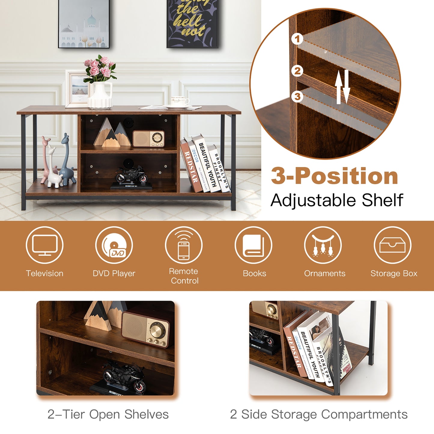 Retro Style TV Stand for TVs up to 50 Inch with Adjustable Shelf and Media Storage