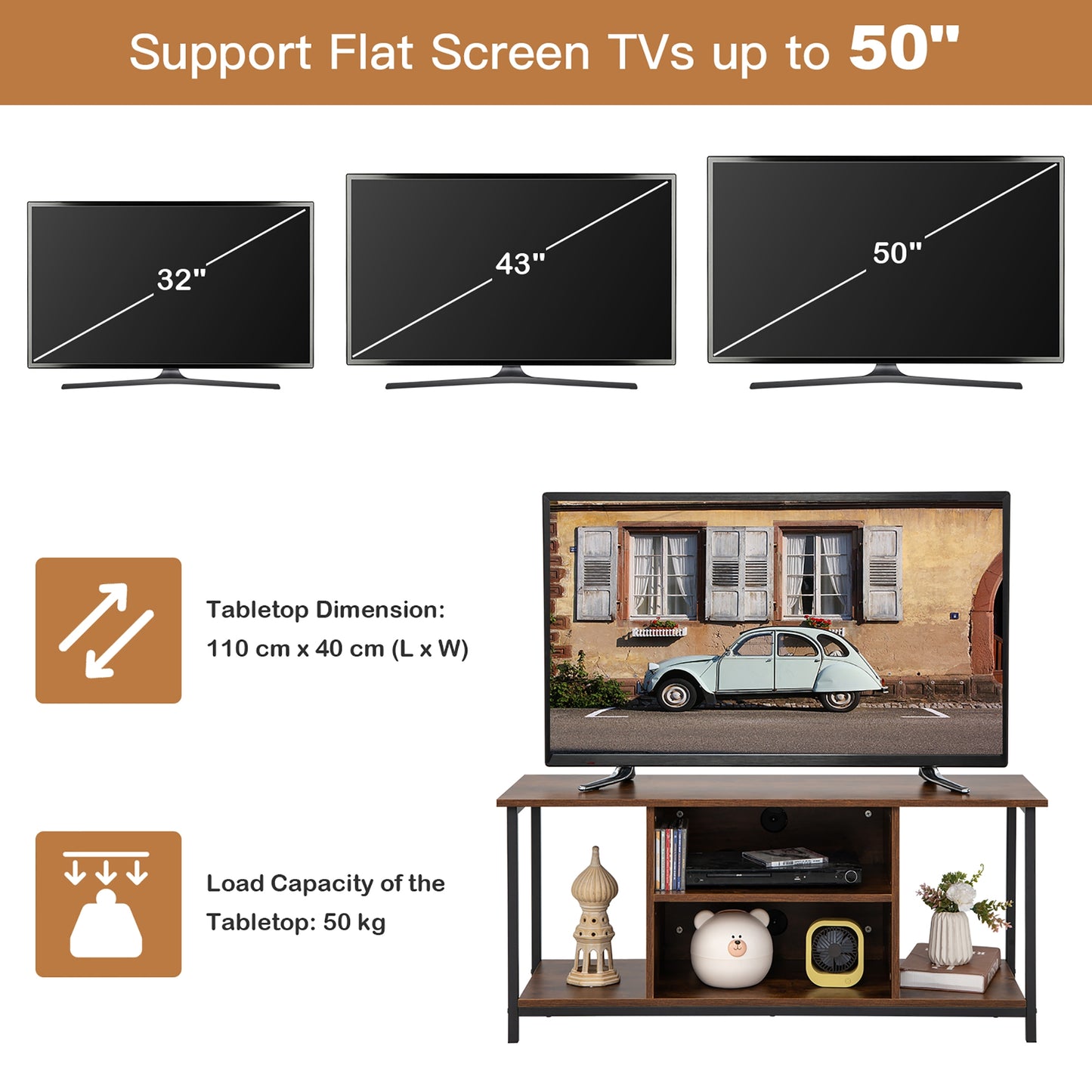 Retro Style TV Stand for TVs up to 50 Inch with Adjustable Shelf and Media Storage