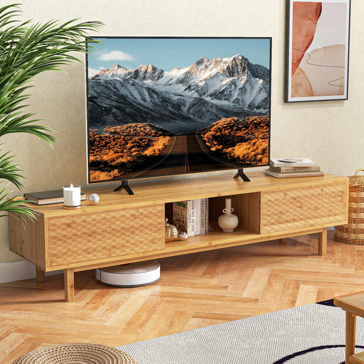 Mid Century Bamboo TV Console with Sliding Doors for TVs up to 70 Inches