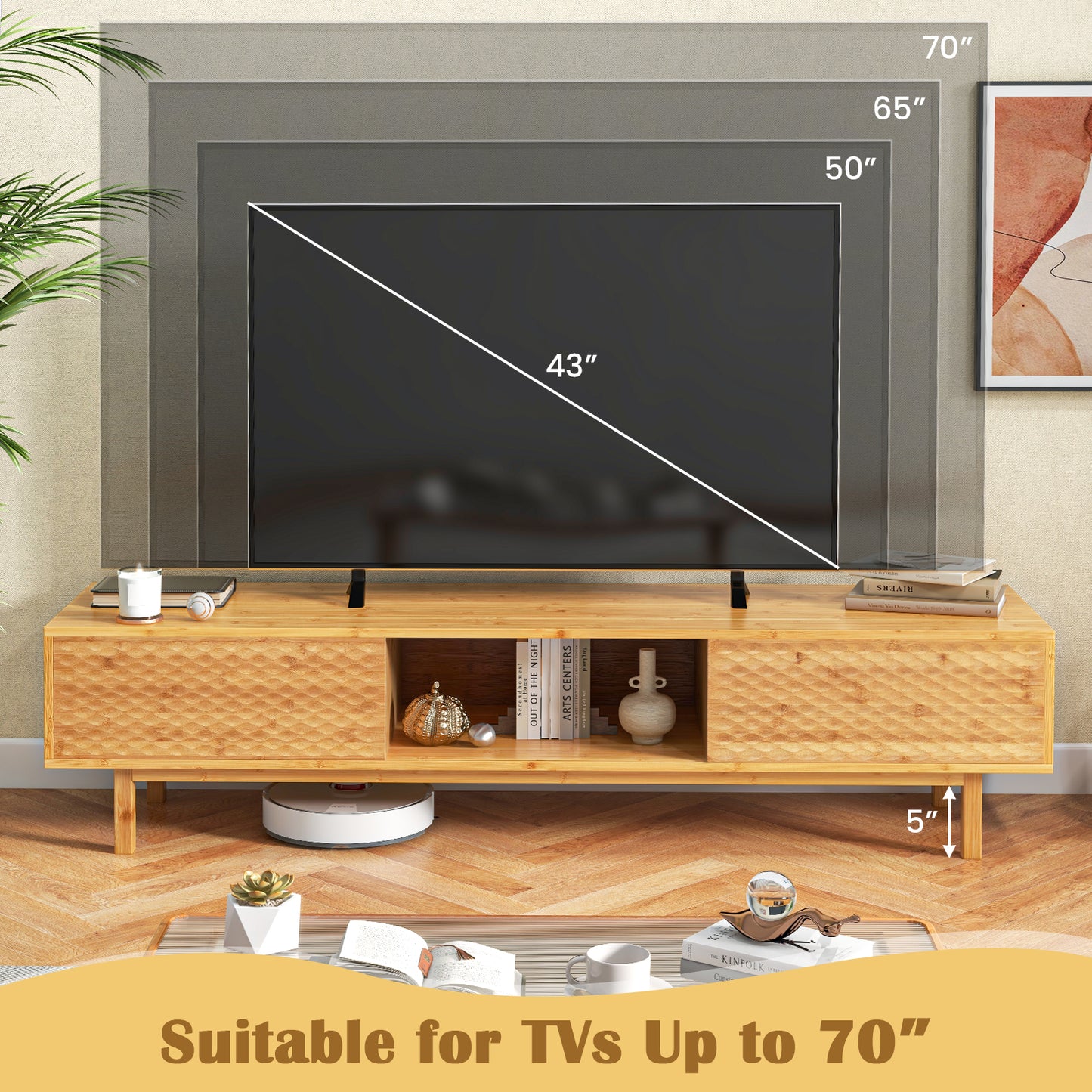 Mid Century Bamboo TV Console with Sliding Doors for TVs up to 70 Inches