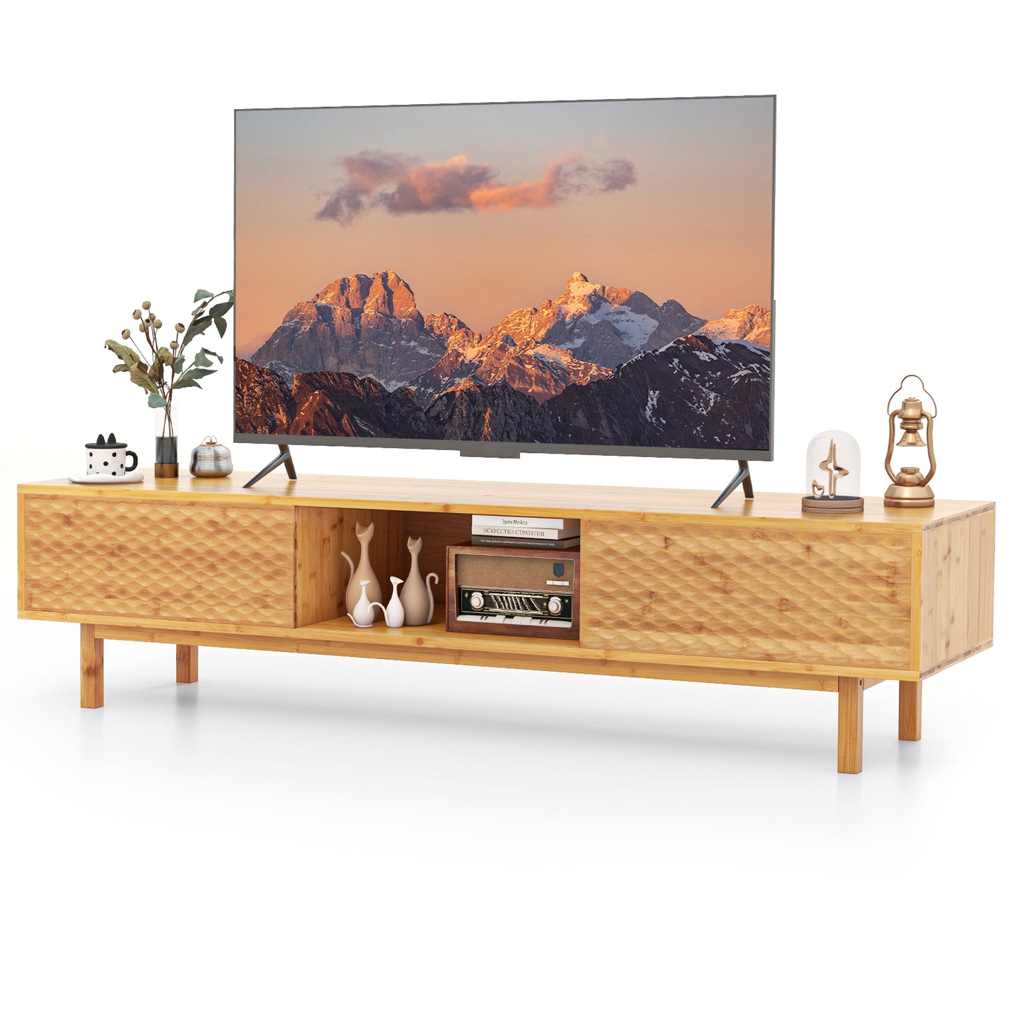 Mid Century Bamboo TV Console with Sliding Doors for TVs up to 70 Inches
