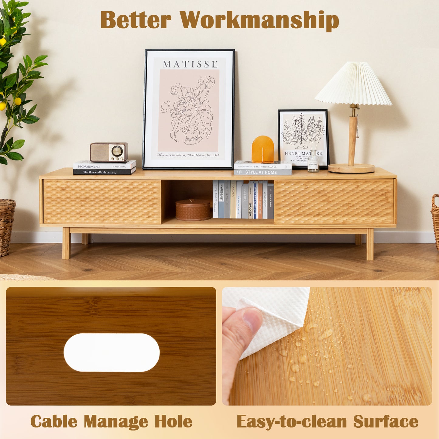Mid Century Bamboo TV Console with Sliding Doors for TVs up to 70 Inches