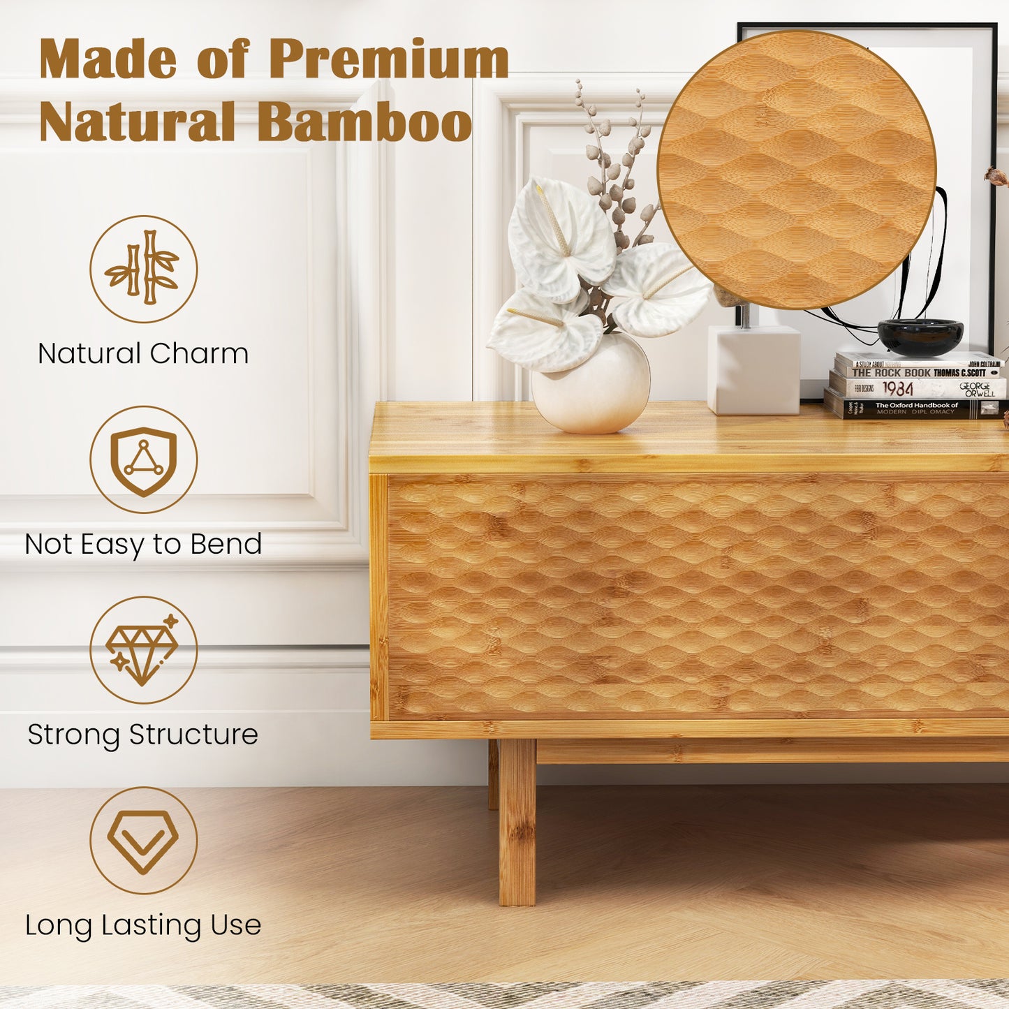 Mid Century Bamboo TV Console with Sliding Doors for TVs up to 70 Inches