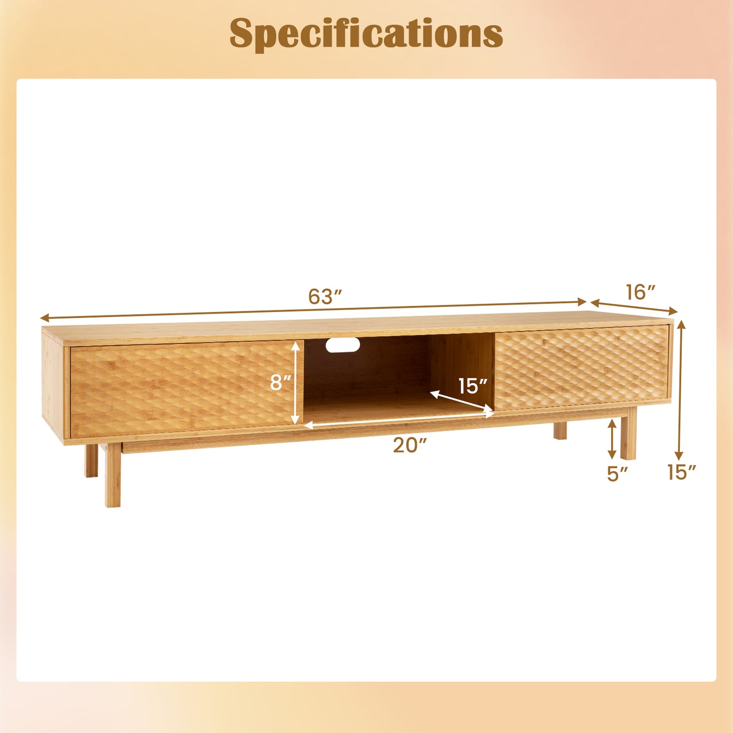 Mid Century Bamboo TV Console with Sliding Doors for TVs up to 70 Inches