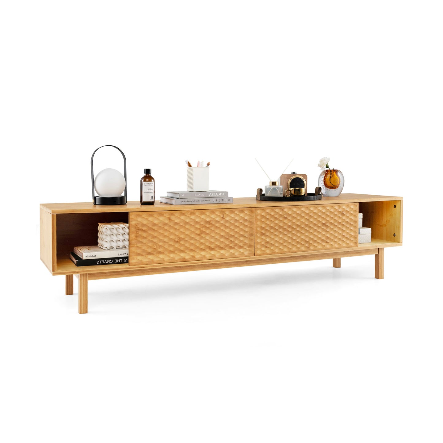Mid Century Bamboo TV Console with Sliding Doors for TVs up to 70 Inches