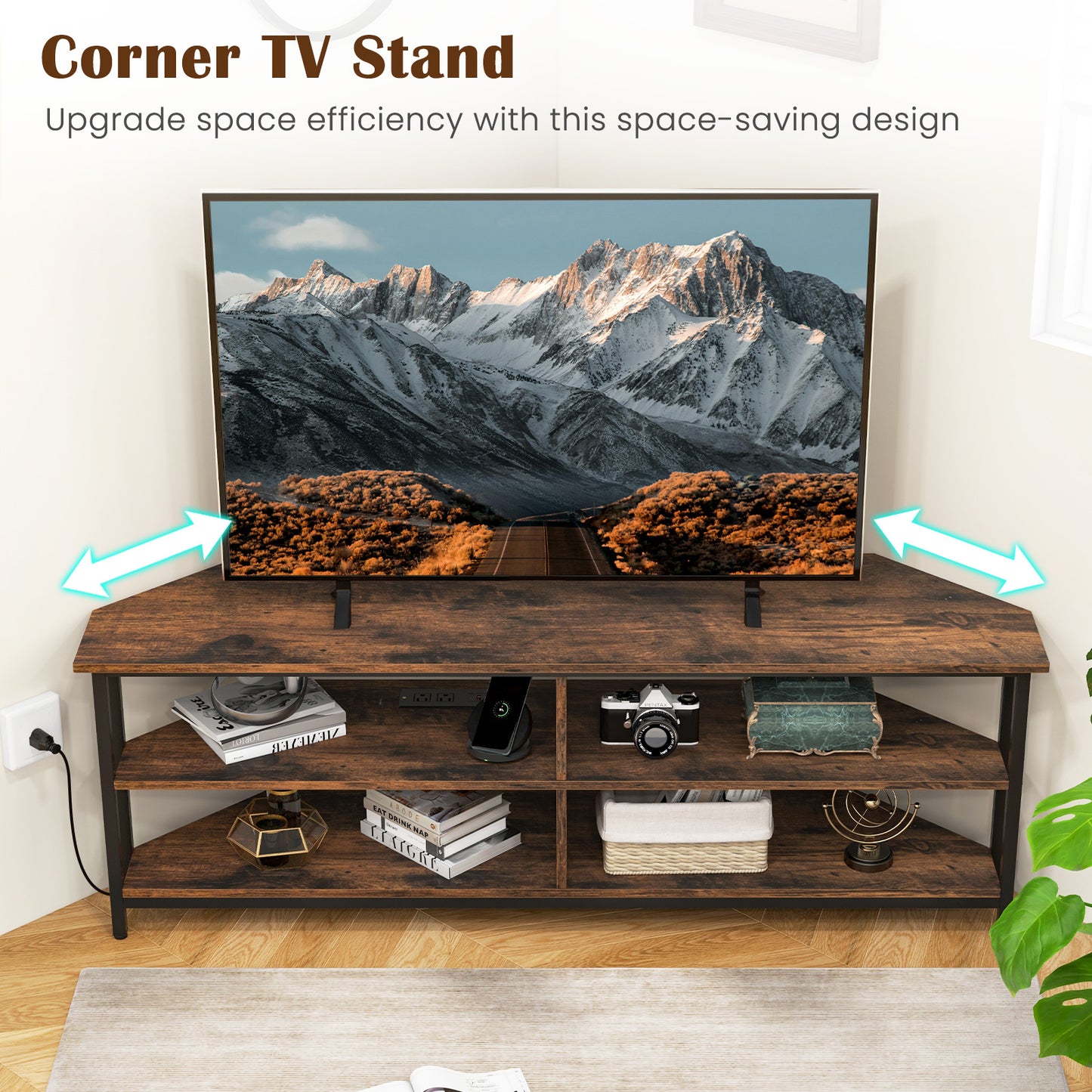 Corner TV Stand with Built-in Charging Station and Three Tiers for TVs up to 65 Inches - Rustic Brown