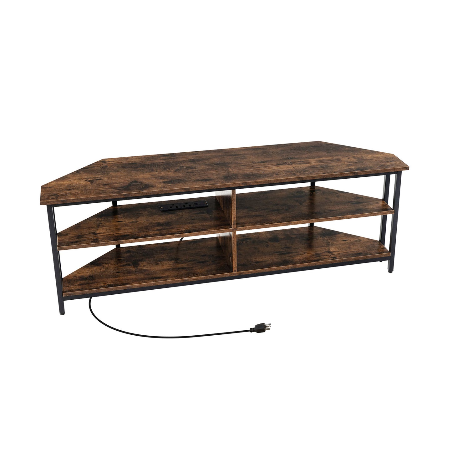 Corner TV Stand with Built-in Charging Station and Three Tiers for TVs up to 65 Inches - Rustic Brown