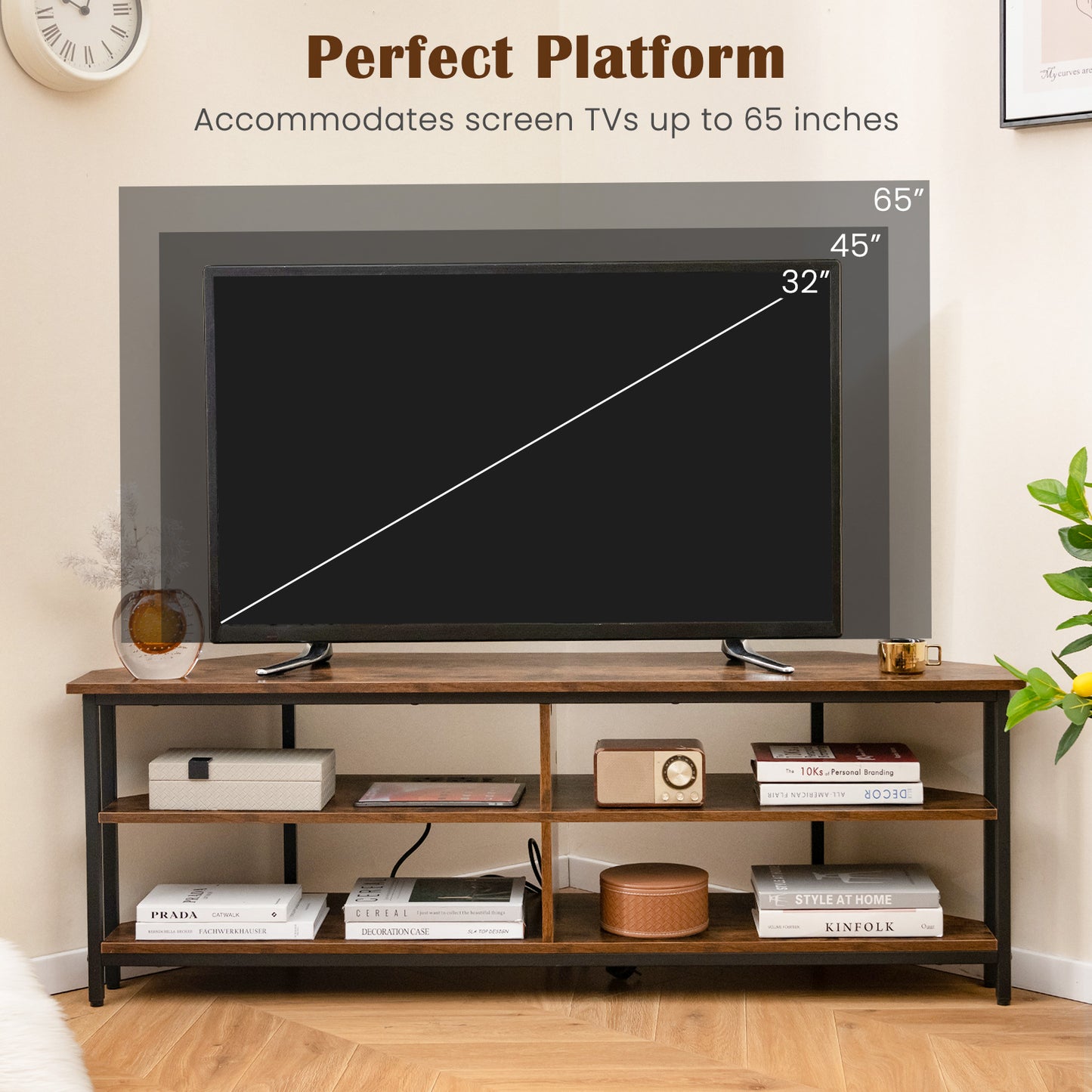 Corner TV Stand with Built-in Charging Station and Three Tiers for TVs up to 65 Inches - Rustic Brown