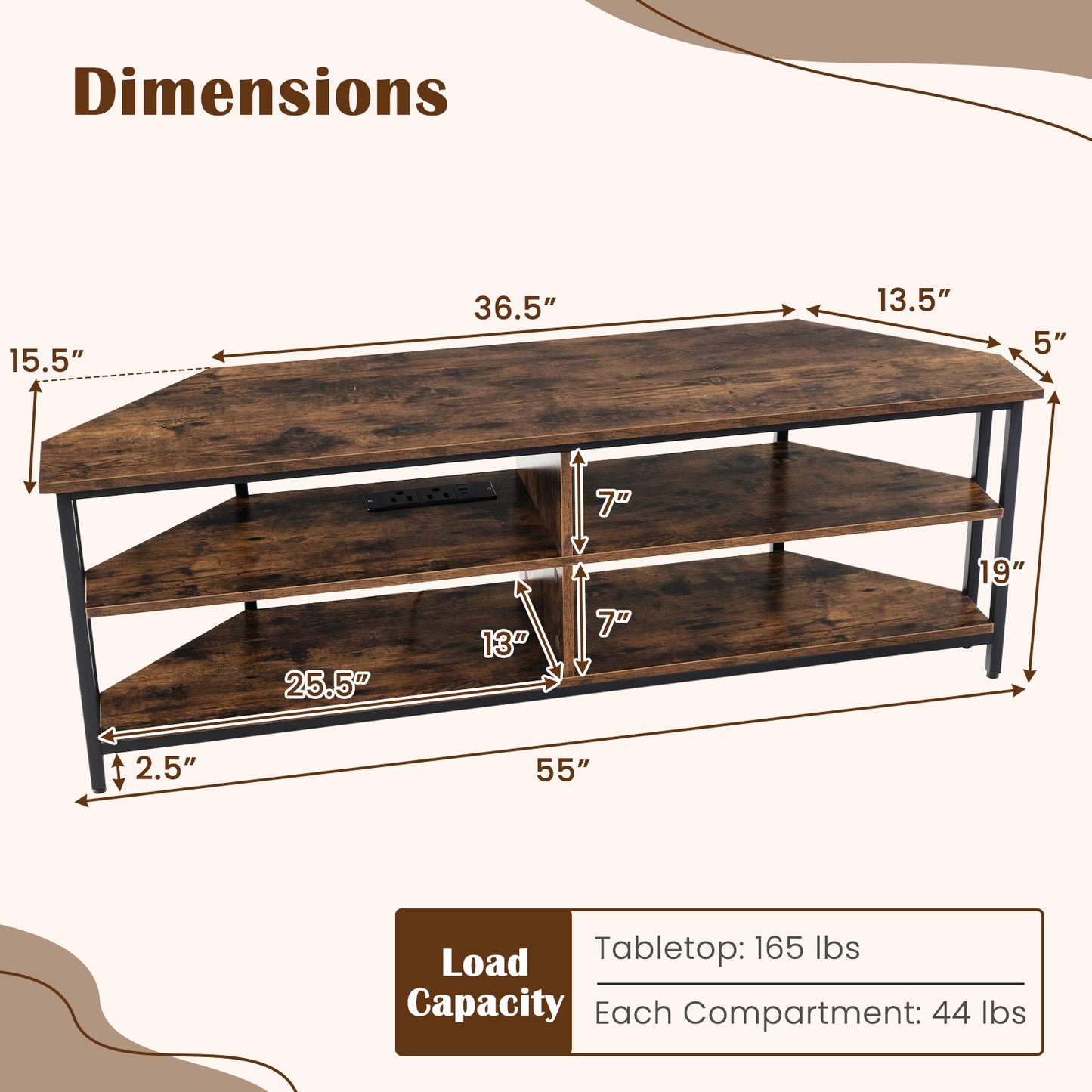 Corner TV Stand with Built-in Charging Station and Three Tiers for TVs up to 65 Inches - Rustic Brown