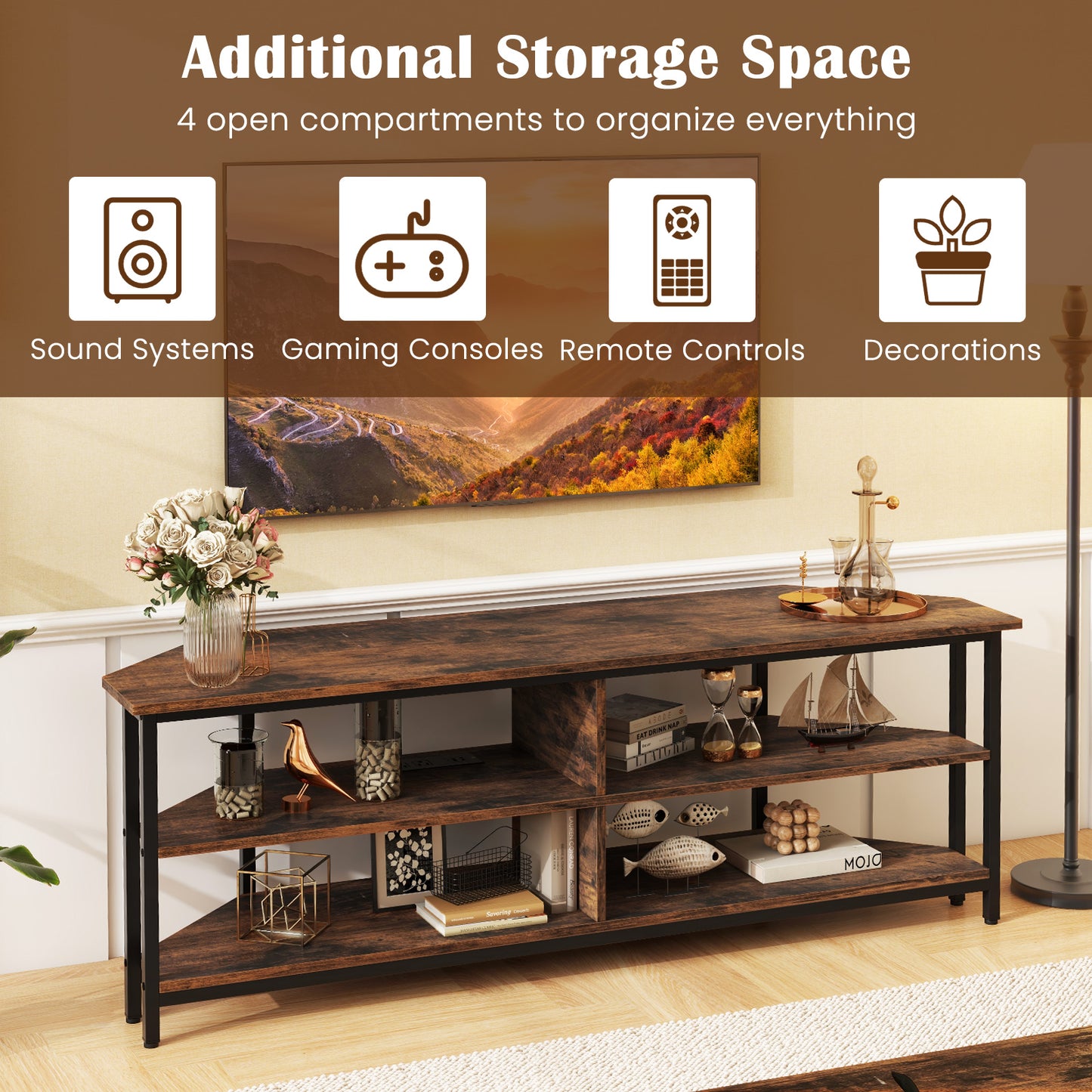 Corner TV Stand with Built-in Charging Station and Three Tiers for TVs up to 65 Inches - Rustic Brown