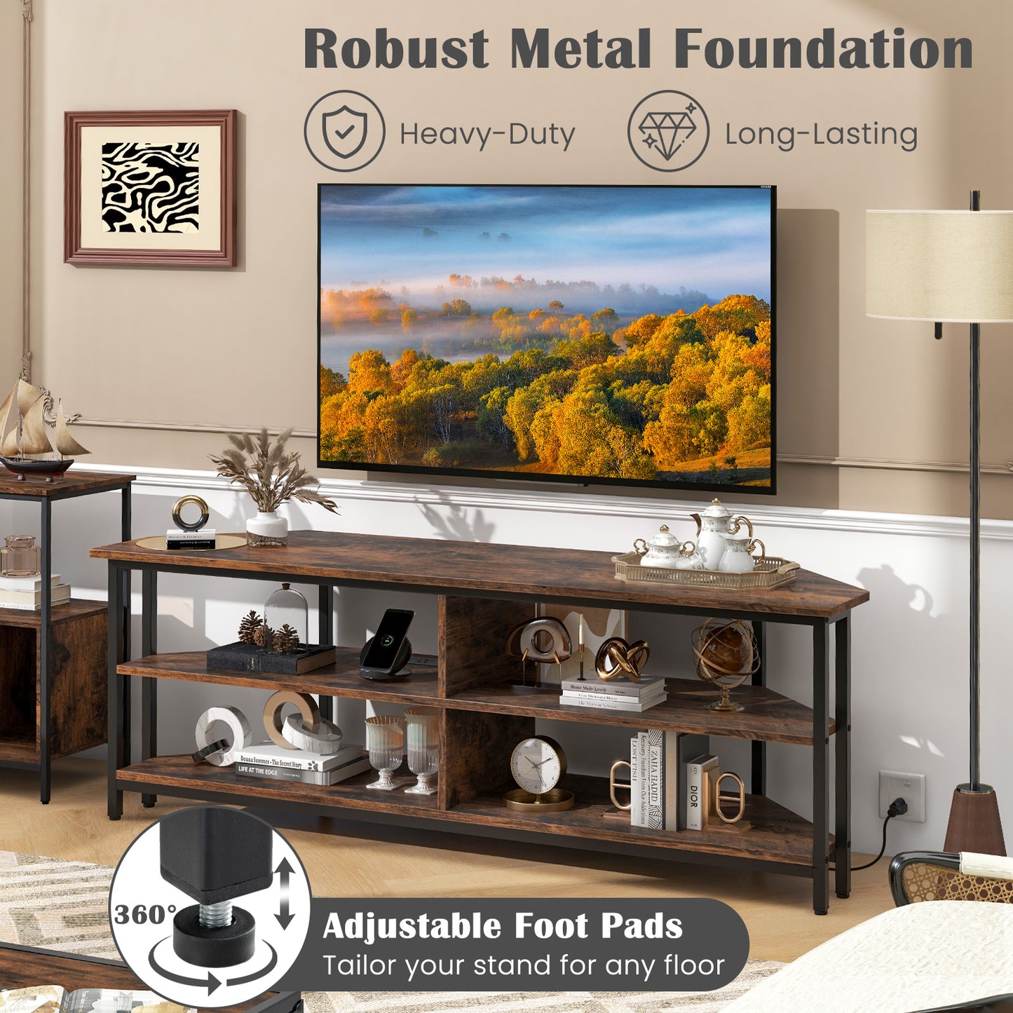 Corner TV Stand with Built-in Charging Station and Three Tiers for TVs up to 65 Inches - Rustic Brown