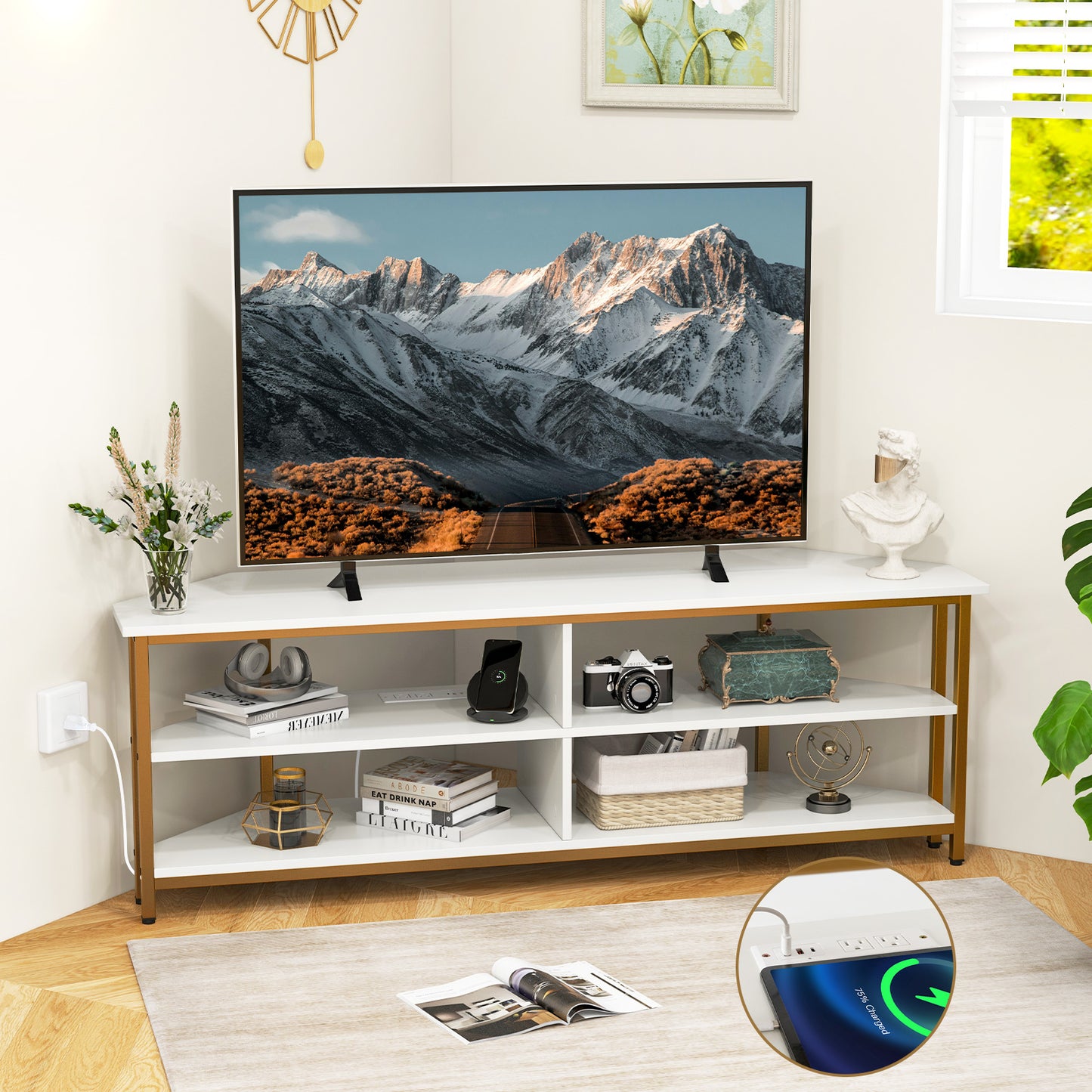 Corner TV Stand with Built-in Charging Station and Three Tiers for TVs up to 65 Inches - White