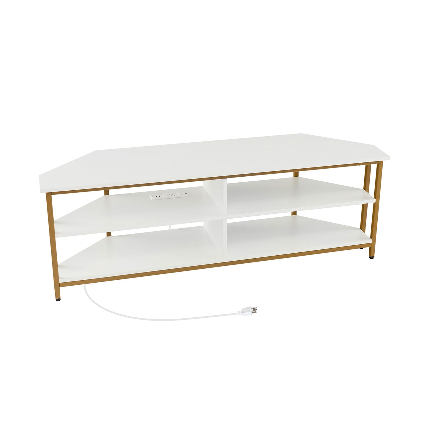 Corner TV Stand with Built-in Charging Station and Three Tiers for TVs up to 65 Inches - White
