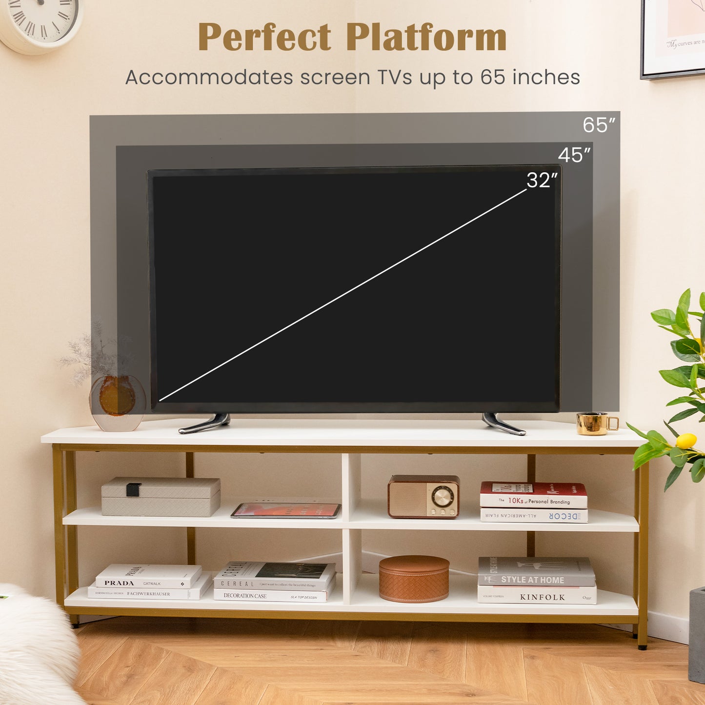Corner TV Stand with Built-in Charging Station and Three Tiers for TVs up to 65 Inches - White
