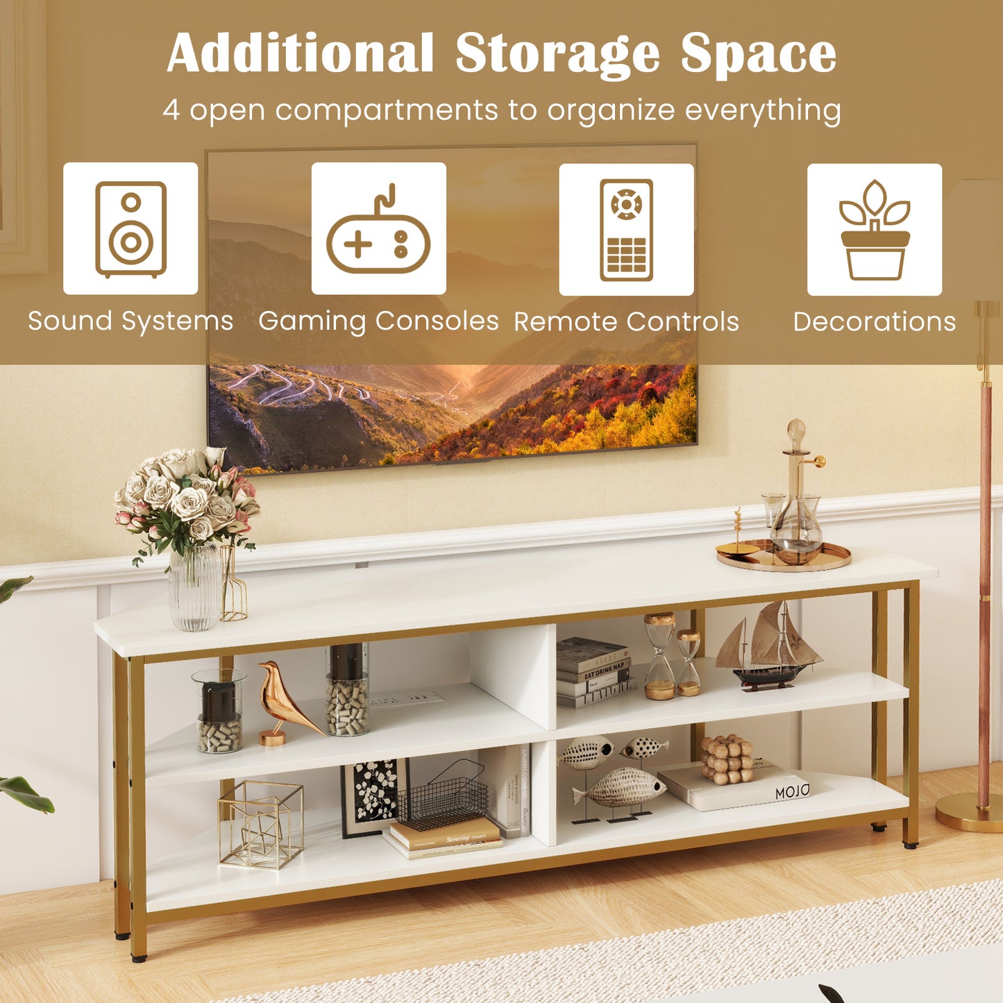 Corner TV Stand with Built-in Charging Station and Three Tiers for TVs up to 65 Inches - White