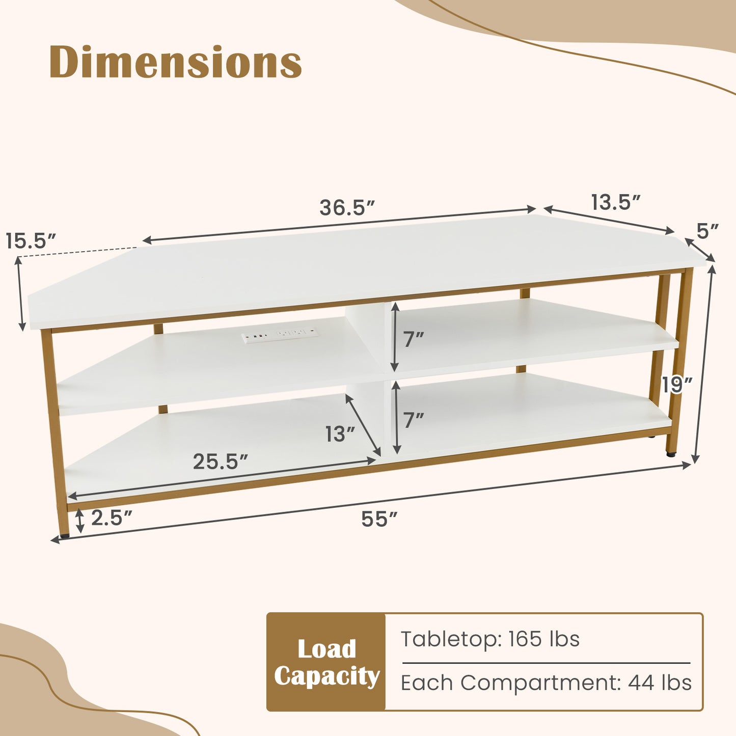 Corner TV Stand with Built-in Charging Station and Three Tiers for TVs up to 65 Inches - White