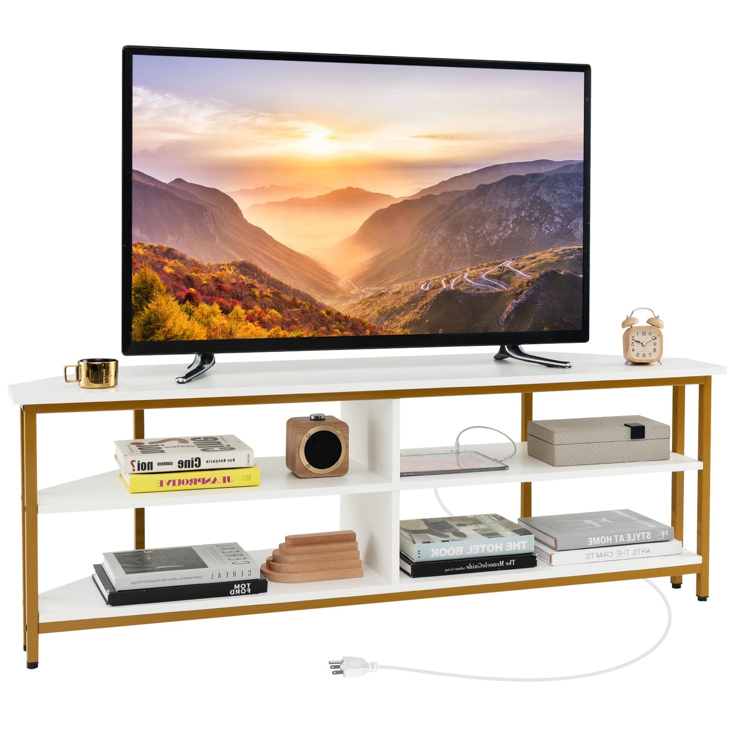 Corner TV Stand with Built-in Charging Station and Three Tiers for TVs up to 65 Inches - White
