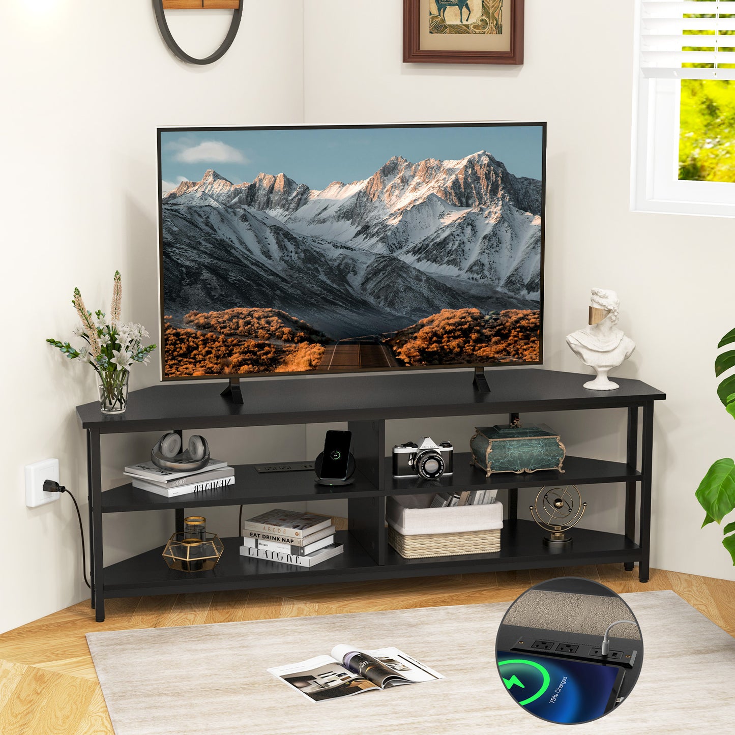 Corner TV Stand with Built-in Charging Station and Three Tiers for TVs up to 65 Inches - Black