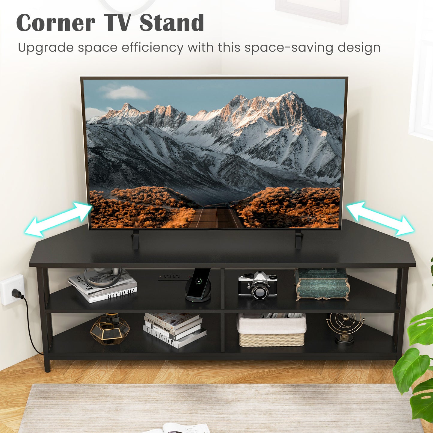 Corner TV Stand with Built-in Charging Station and Three Tiers for TVs up to 65 Inches - Black