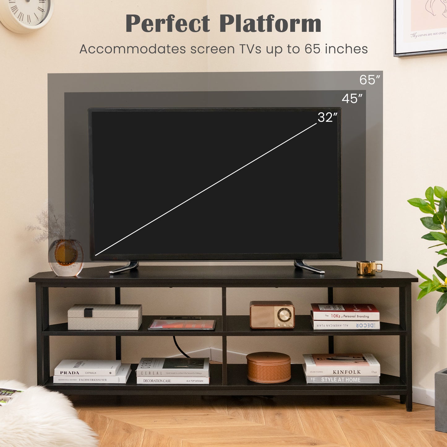 Corner TV Stand with Built-in Charging Station and Three Tiers for TVs up to 65 Inches - Black