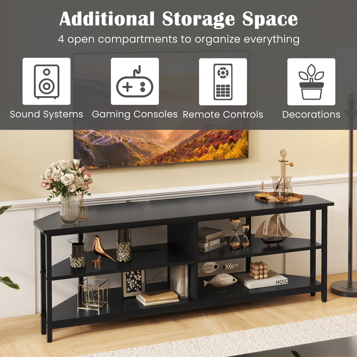 Corner TV Stand with Built-in Charging Station and Three Tiers for TVs up to 65 Inches - Black