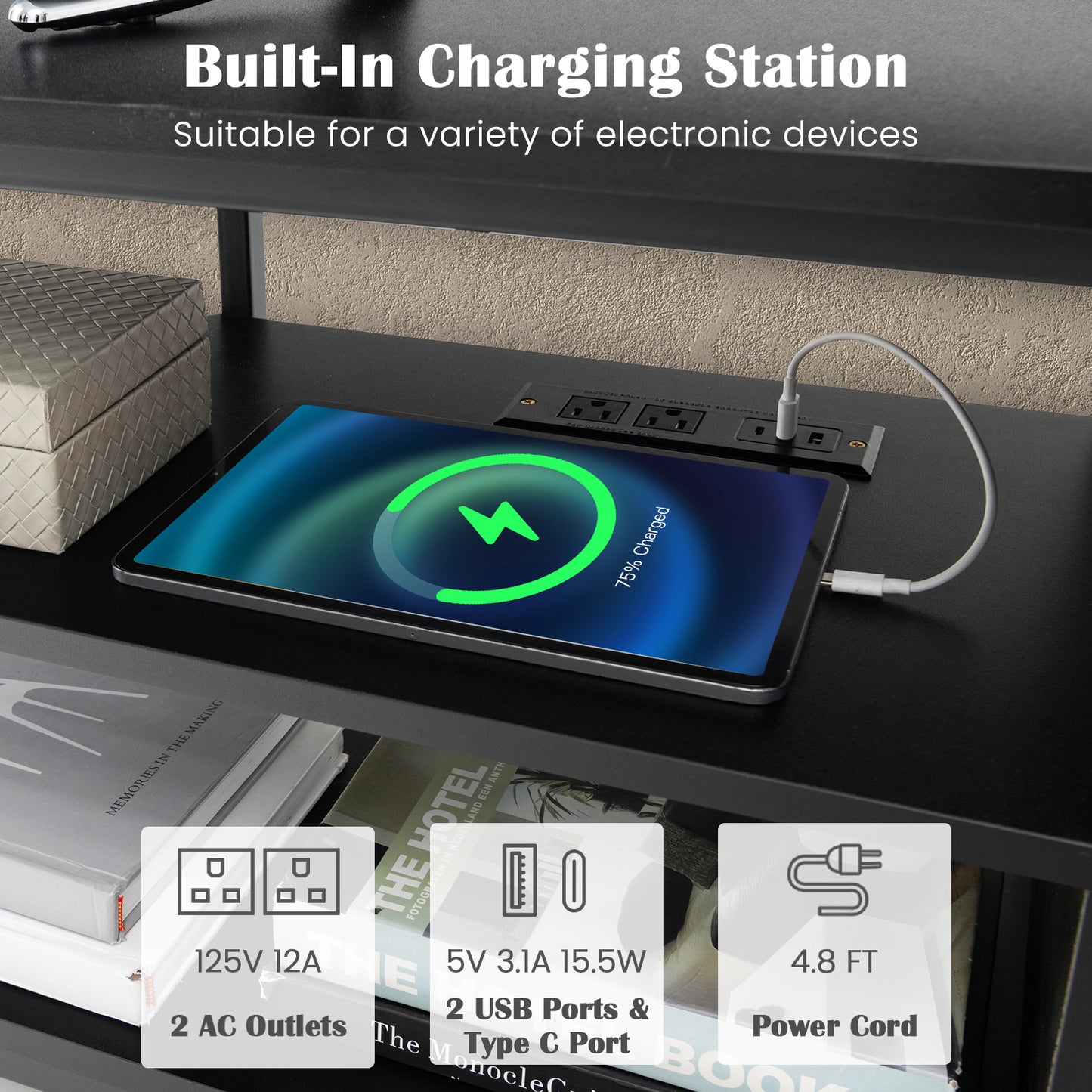 Corner TV Stand with Built-in Charging Station and Three Tiers for TVs up to 65 Inches - Black