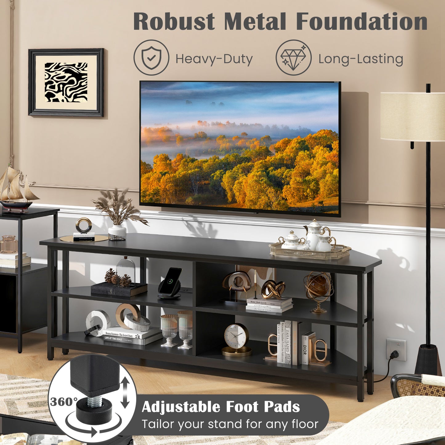 Corner TV Stand with Built-in Charging Station and Three Tiers for TVs up to 65 Inches - Black